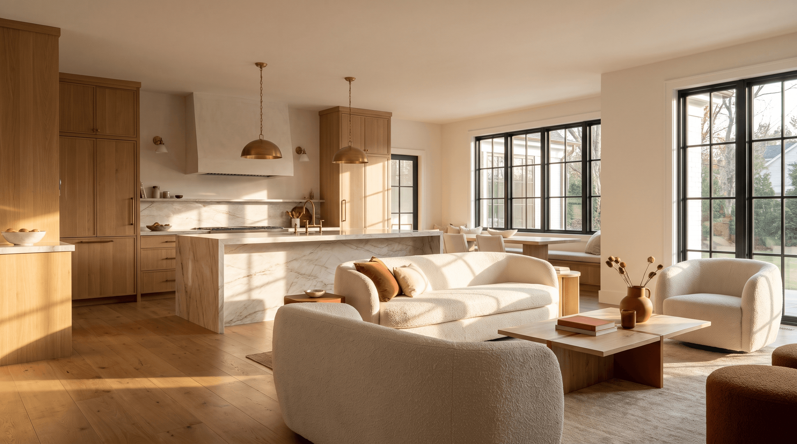 Completed open-plan kitchen and living renovation with white oak cabinetry and a marble island