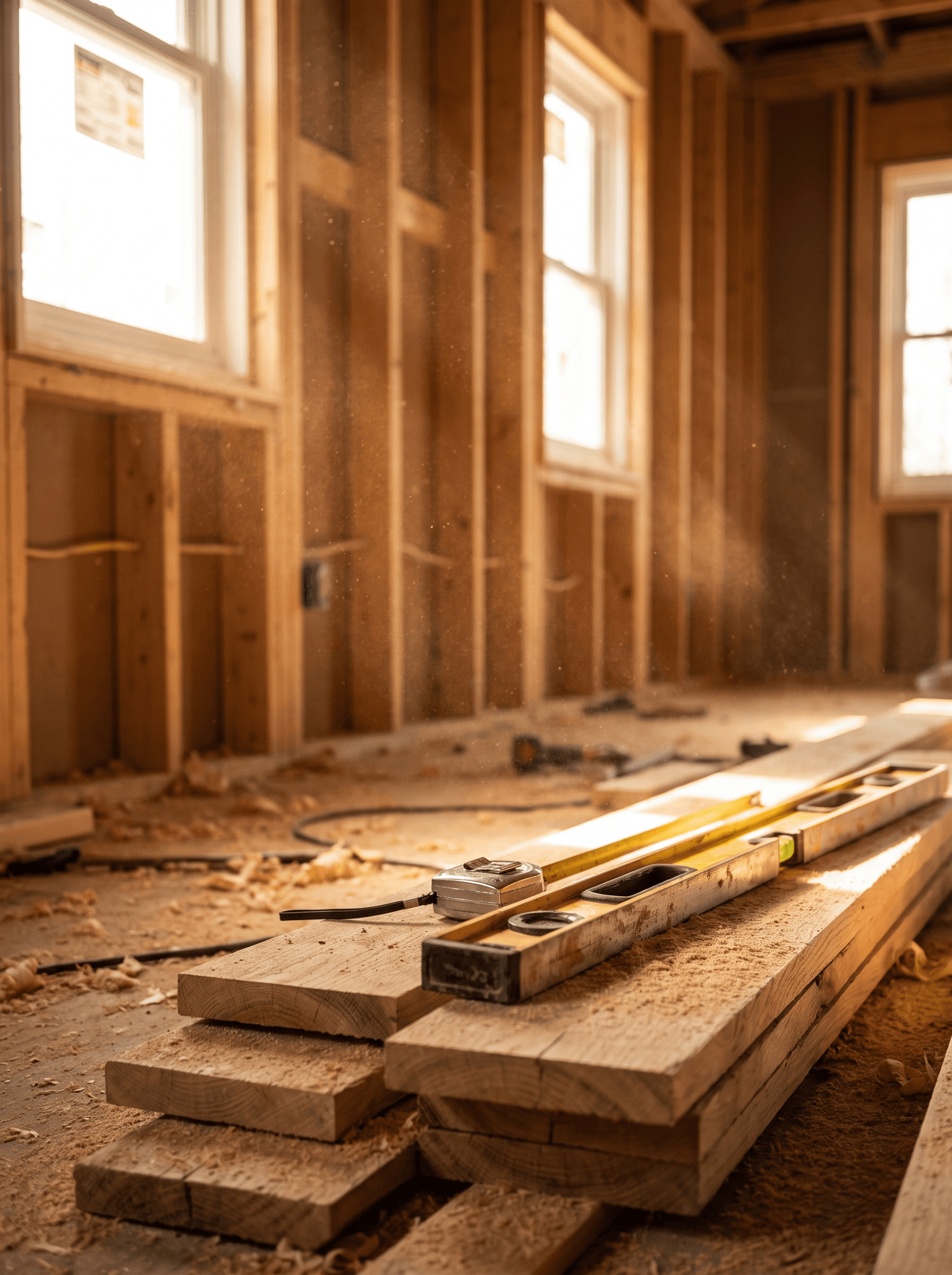 Afternoon light across fresh timber stud framing on a renovation site