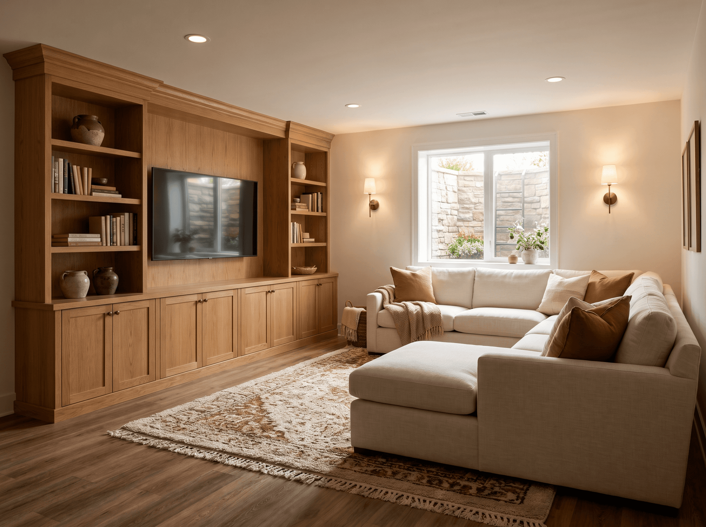 Finished basement lounge with built-in shelving, recessed lighting and warm neutral walls