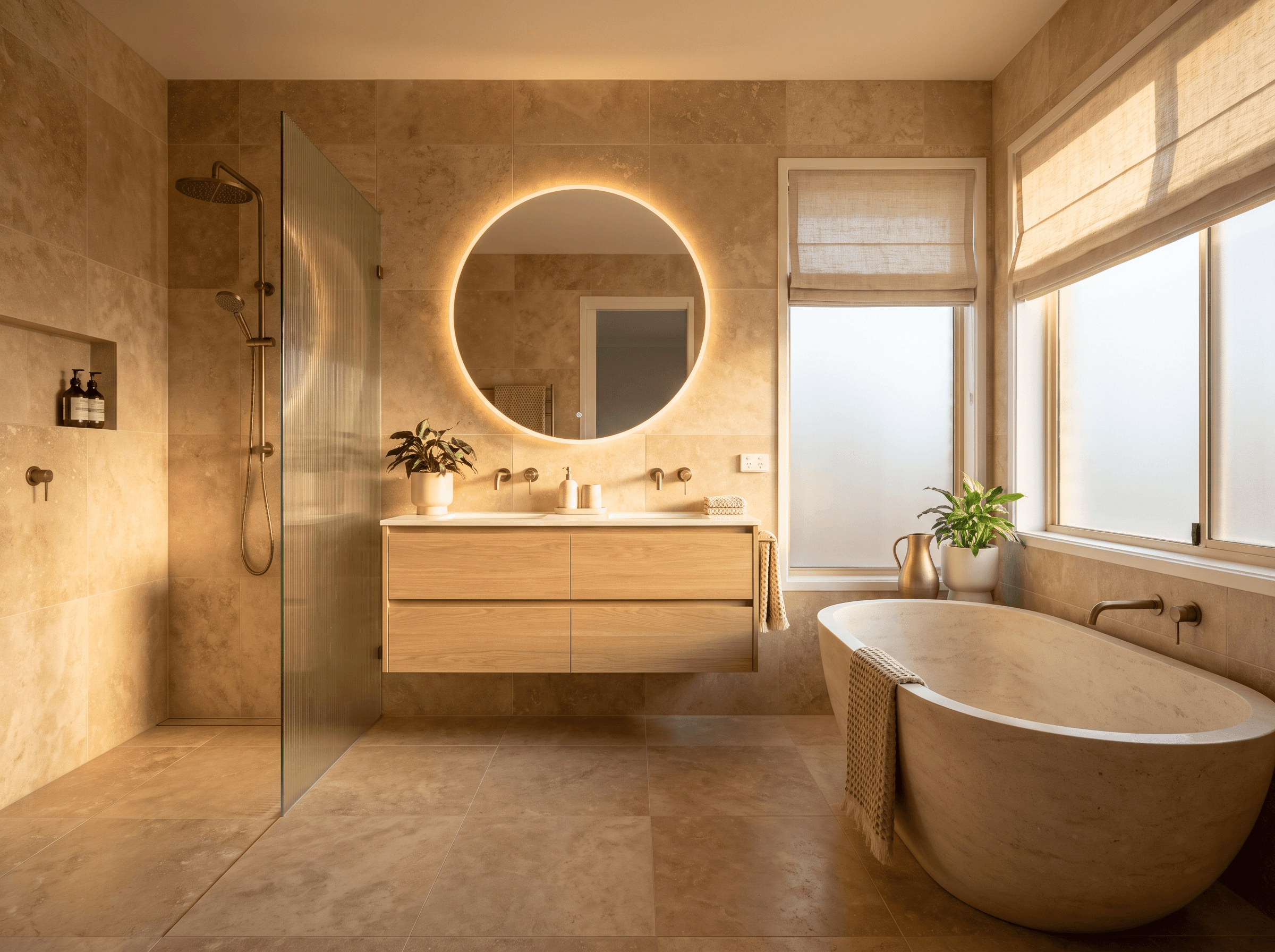 Renovated bathroom with a freestanding tub, marble tile walls and a floating oak double vanity
