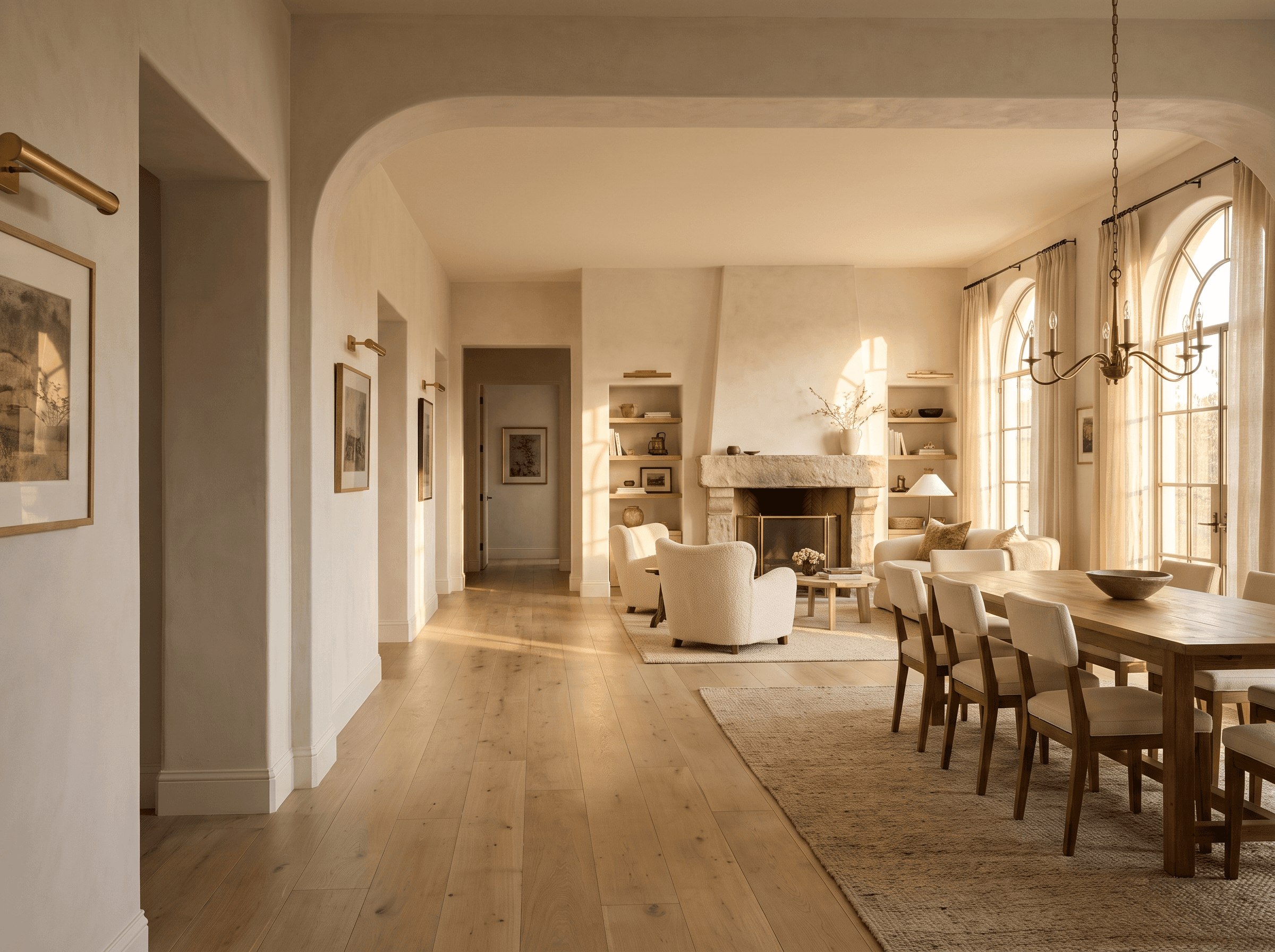 Fully renovated open-plan living room with white oak floors and a stone fireplace surround