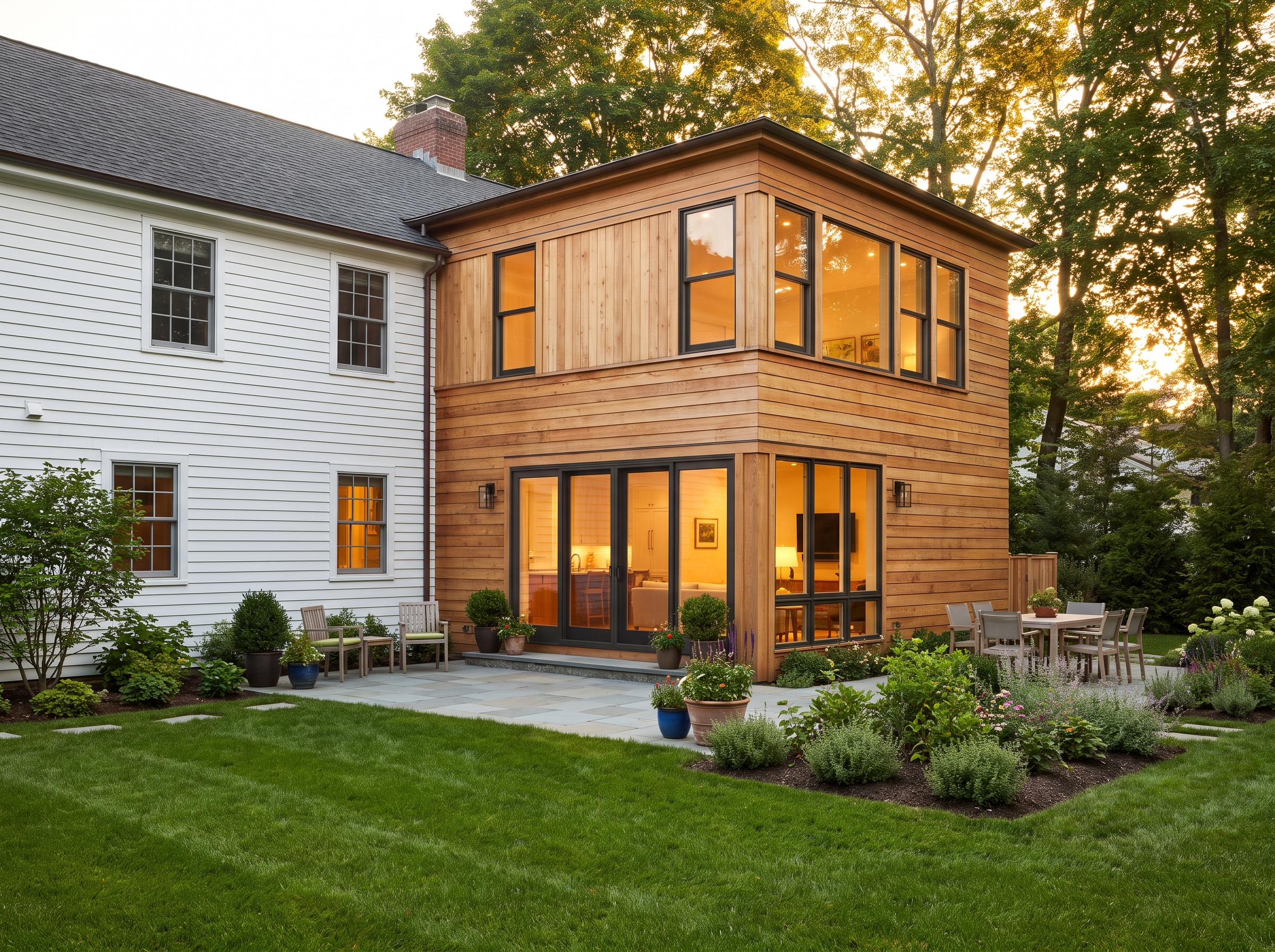 Two-storey rear addition on a suburban New Jersey home, with siding matched to the original house