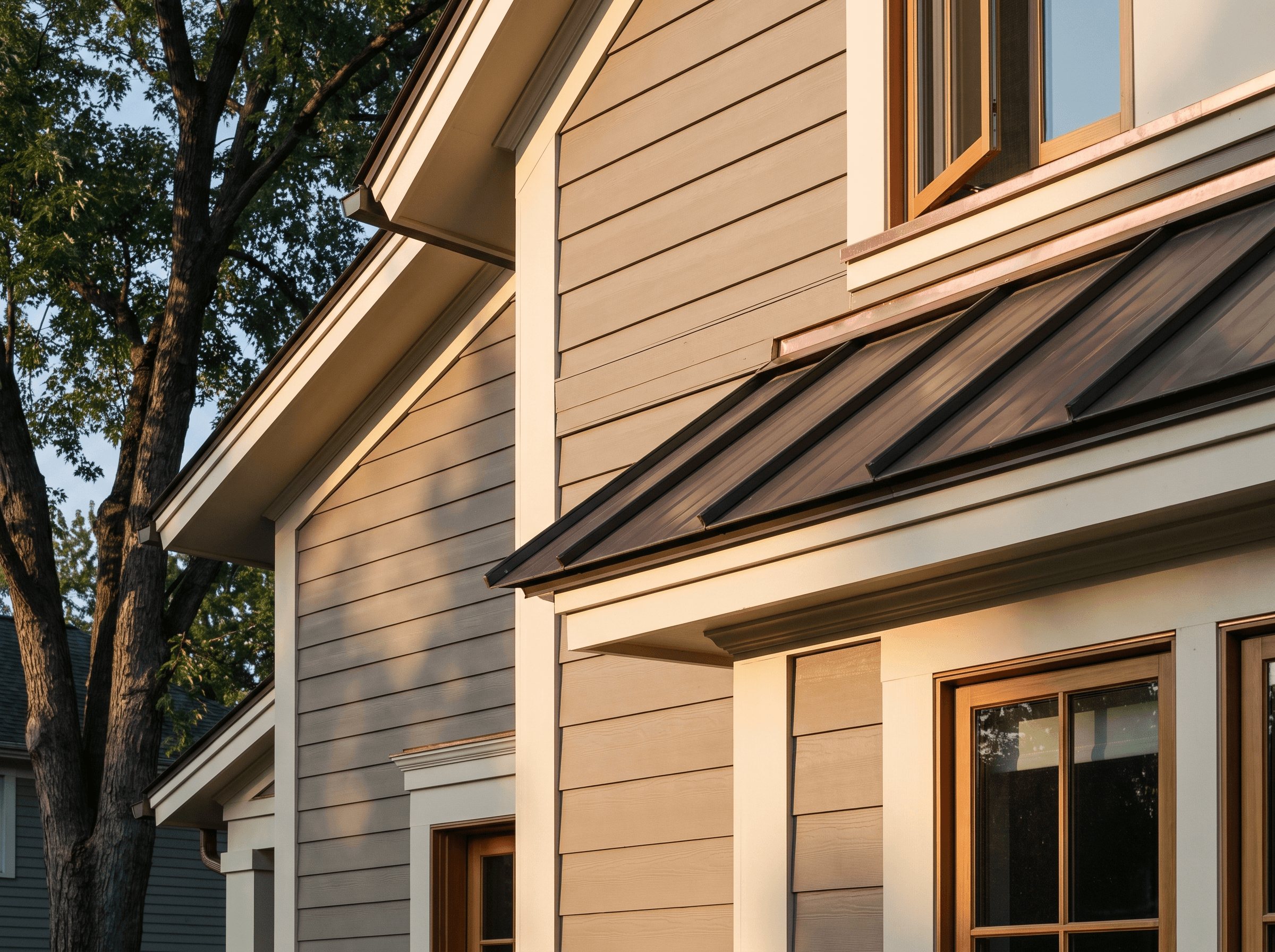 Renovated suburban home exterior with new greige siding, black-framed windows and a stone walkway