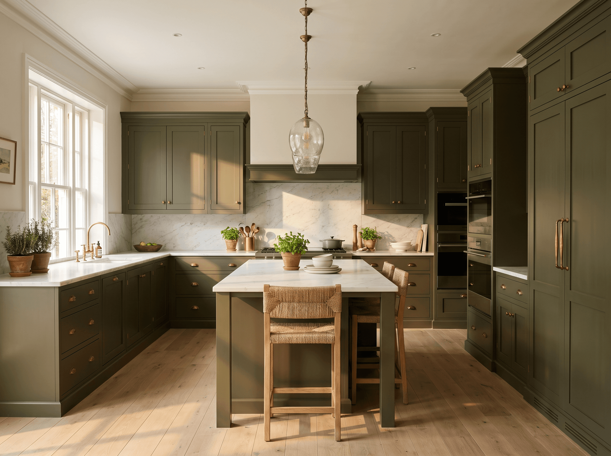 Remodelled kitchen with pale shaker cabinetry, a stone waterfall island and warm oak flooring