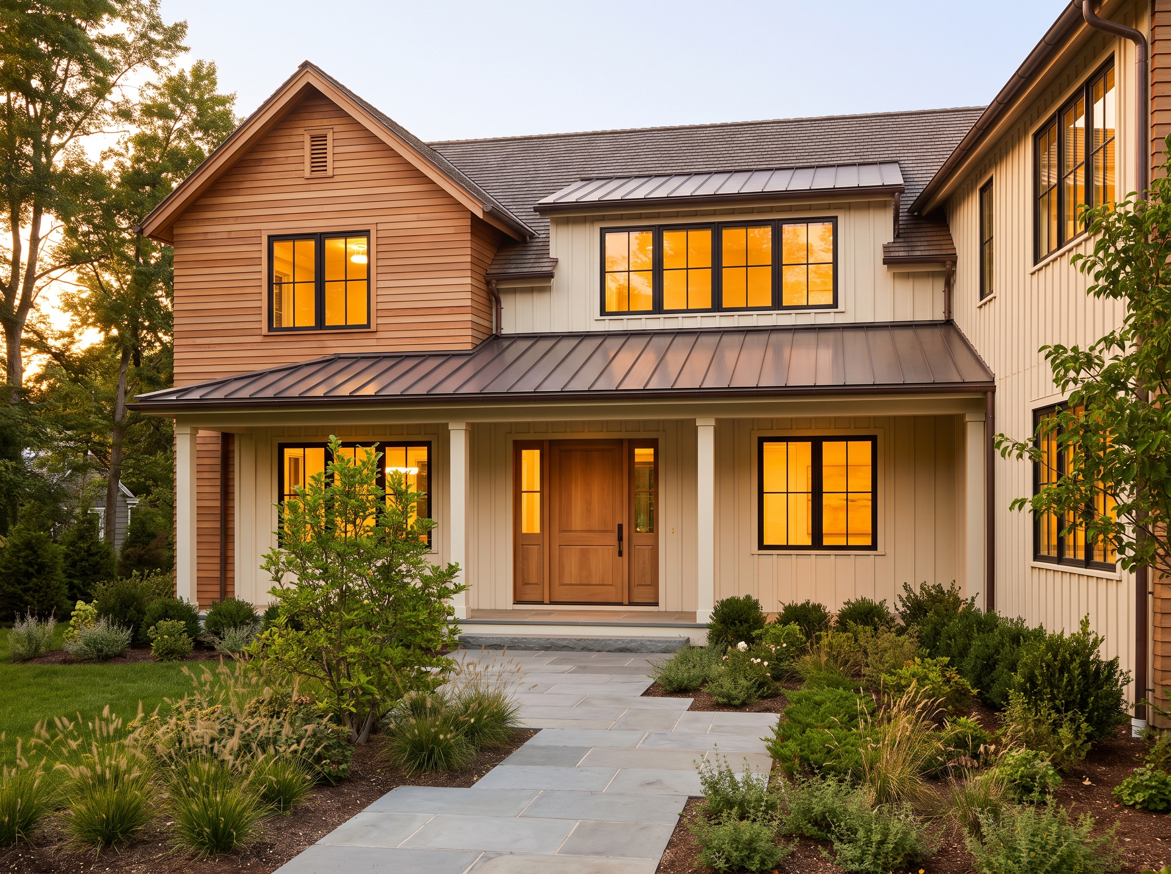Newly built custom home on a suburban New Jersey lot in late afternoon light