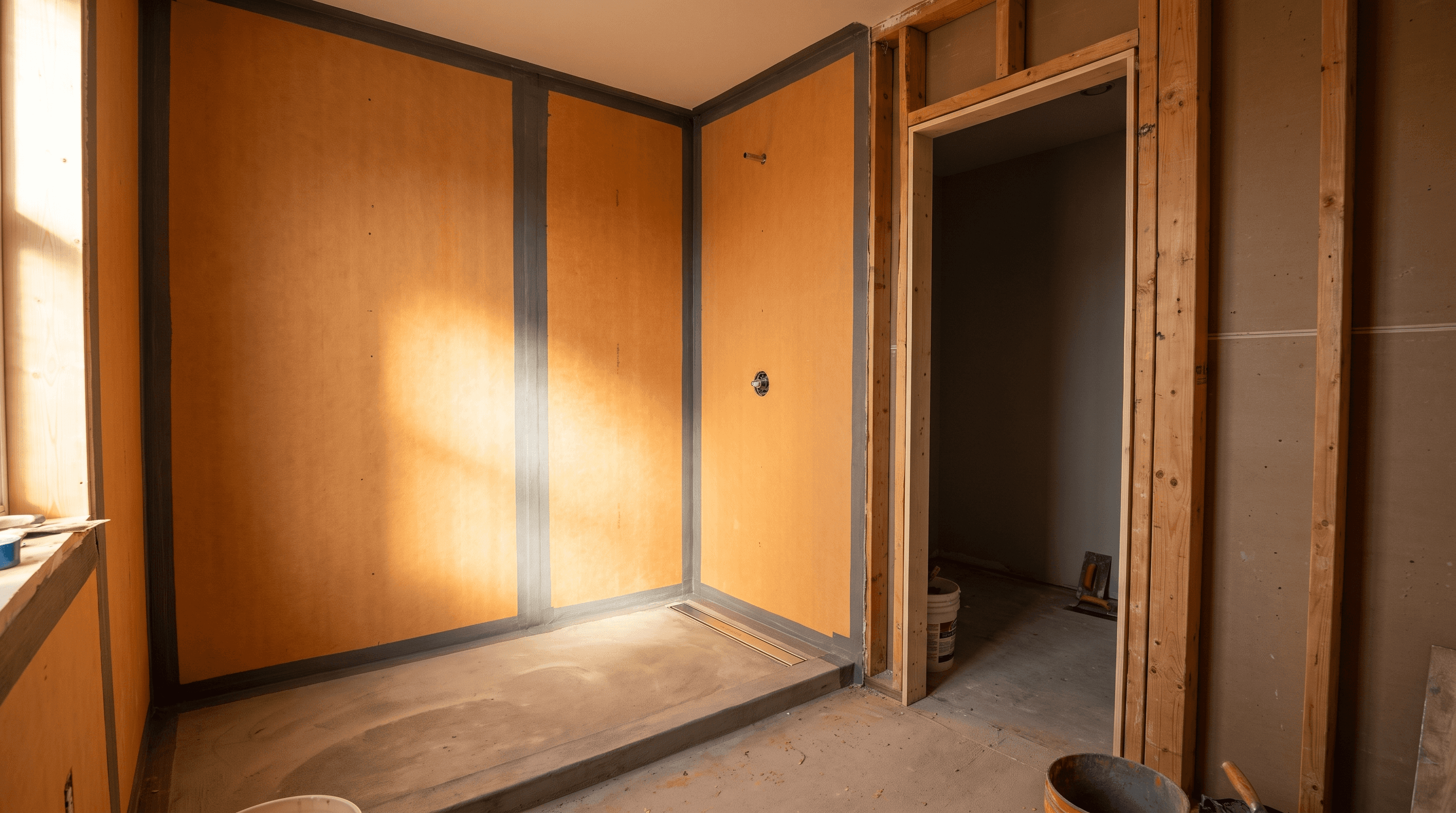 Bathroom under construction with waterproofing membrane sealed across the walls and a sloped shower pan