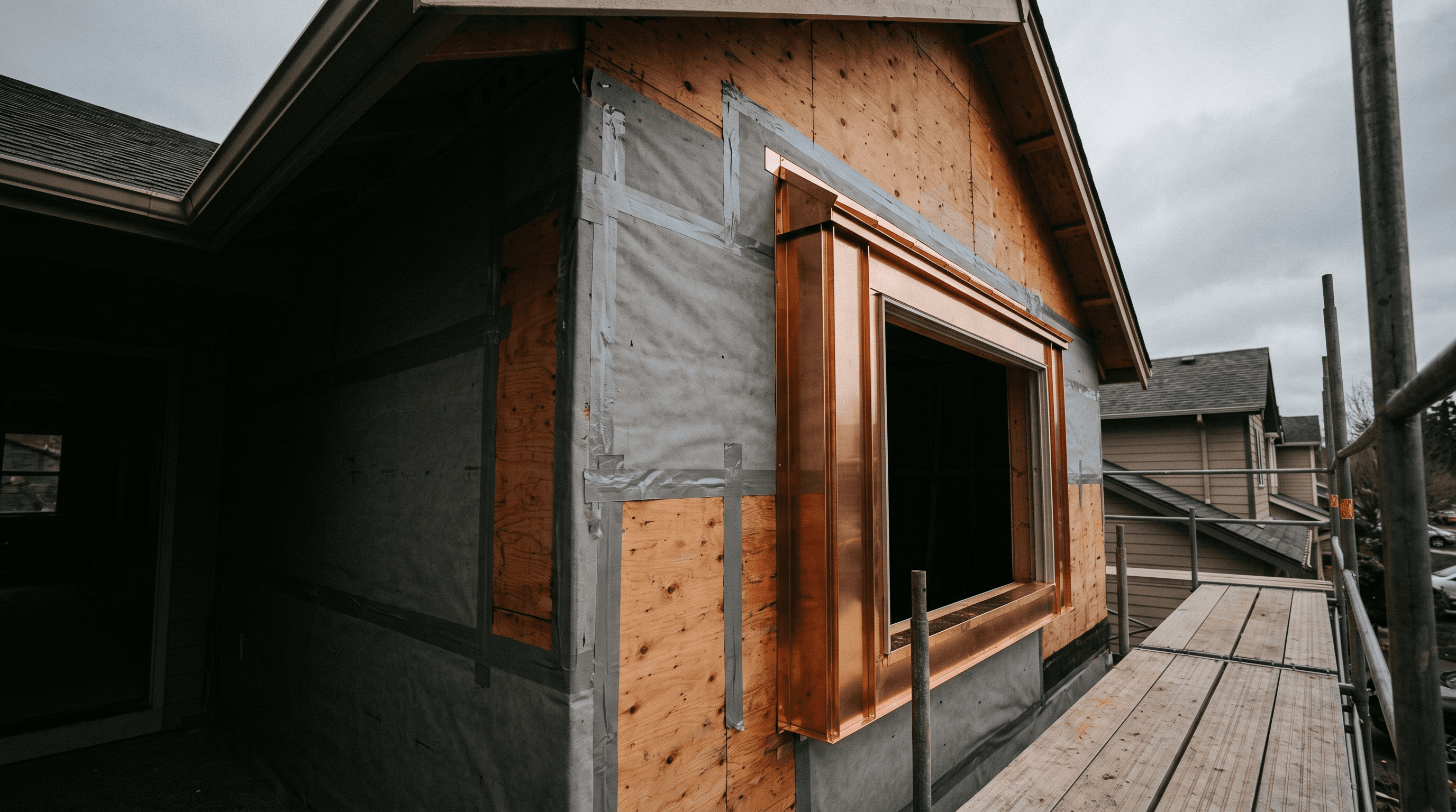 House wall stripped to sheathing with the weather barrier taped and new flashing set at a window opening