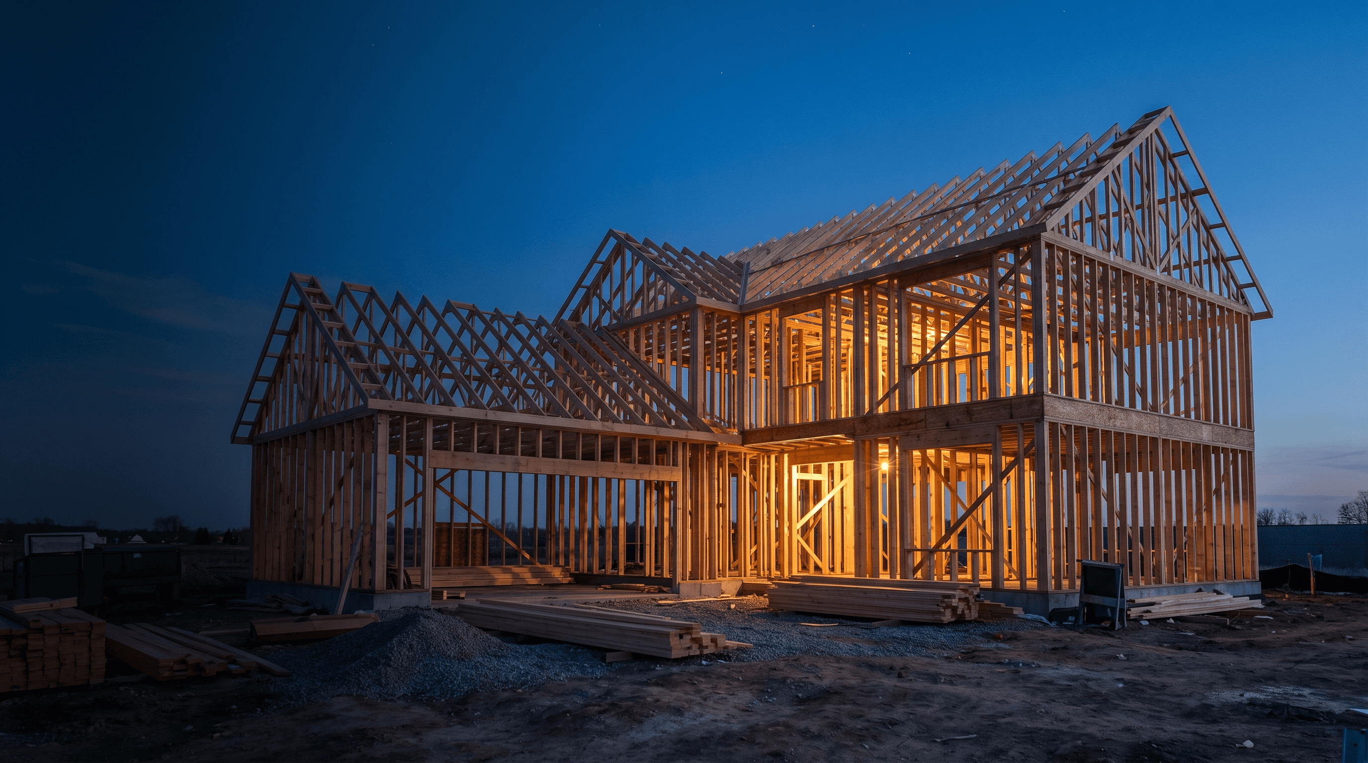 Timber-framed house under construction at dusk, work lights glowing between the bare studs
