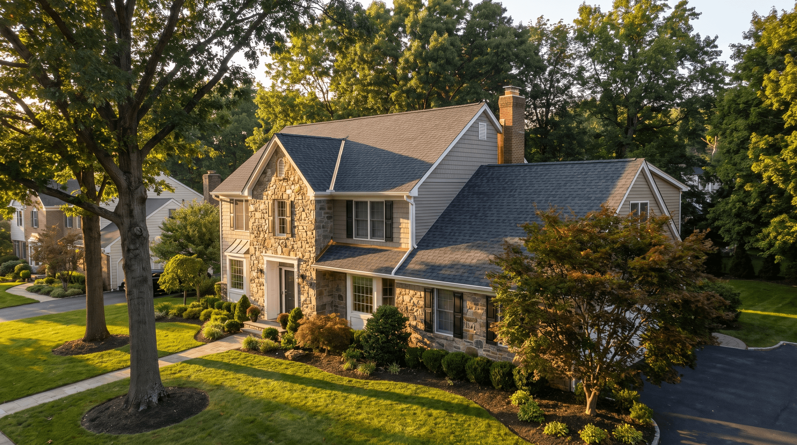 New Jersey home with a newly completed charcoal architectural shingle roof and copper chimney flashing