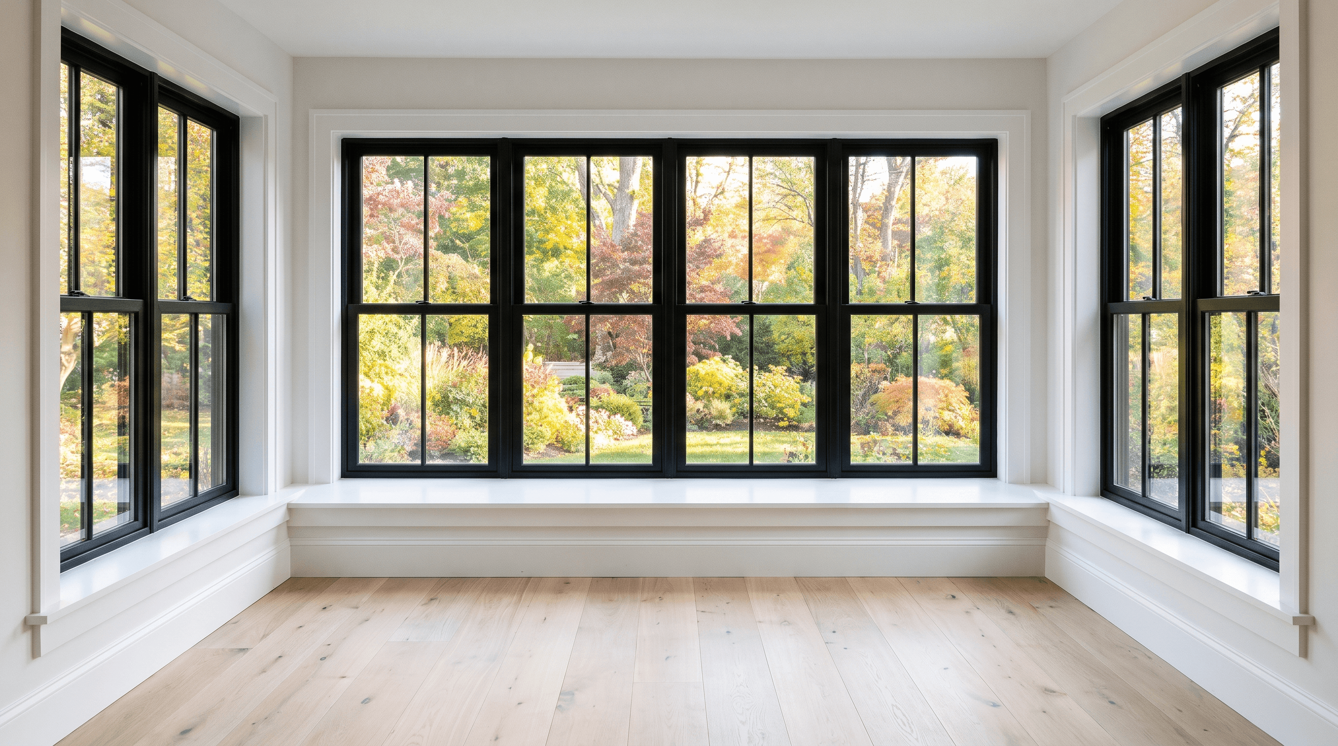 Renovated living room looking out through newly installed black-framed replacement windows with deep white sills