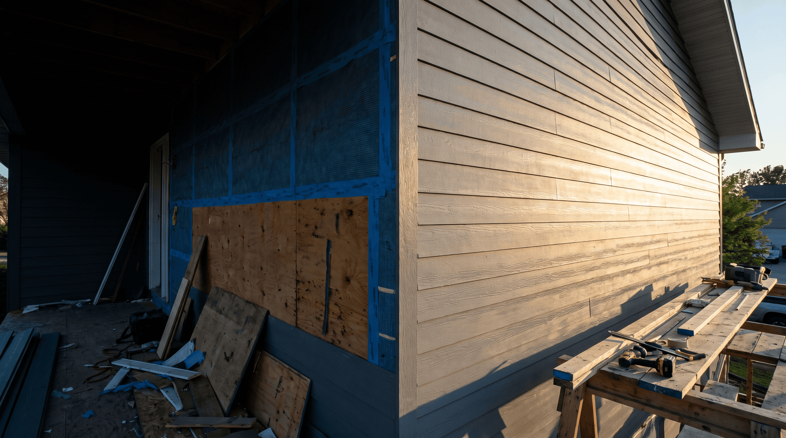 House wall mid-reside, half stripped to a taped weather barrier and half clad in new fiber cement lap siding