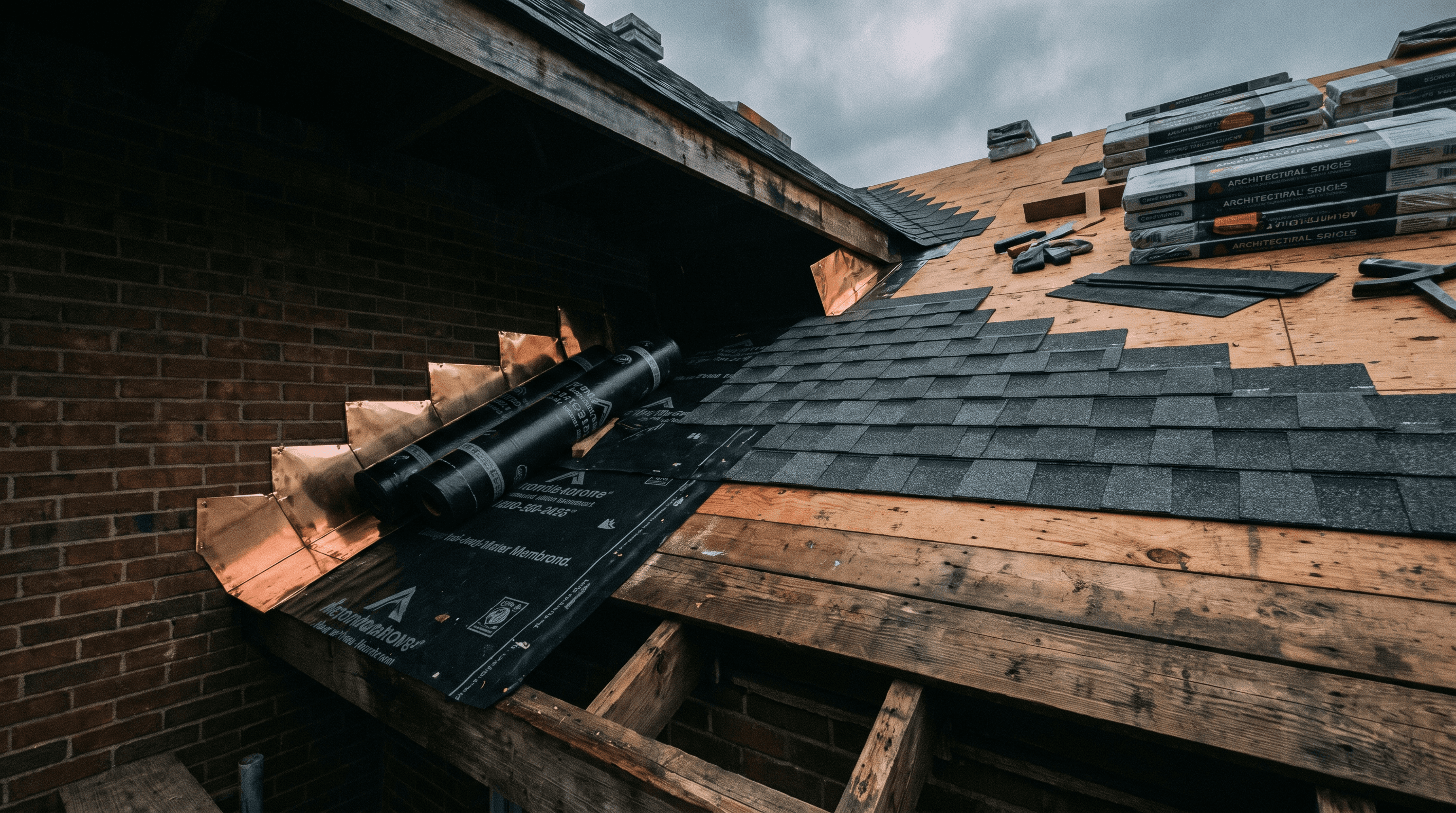 Roof valley under construction with ice-and-water membrane and metal step flashing against the wall