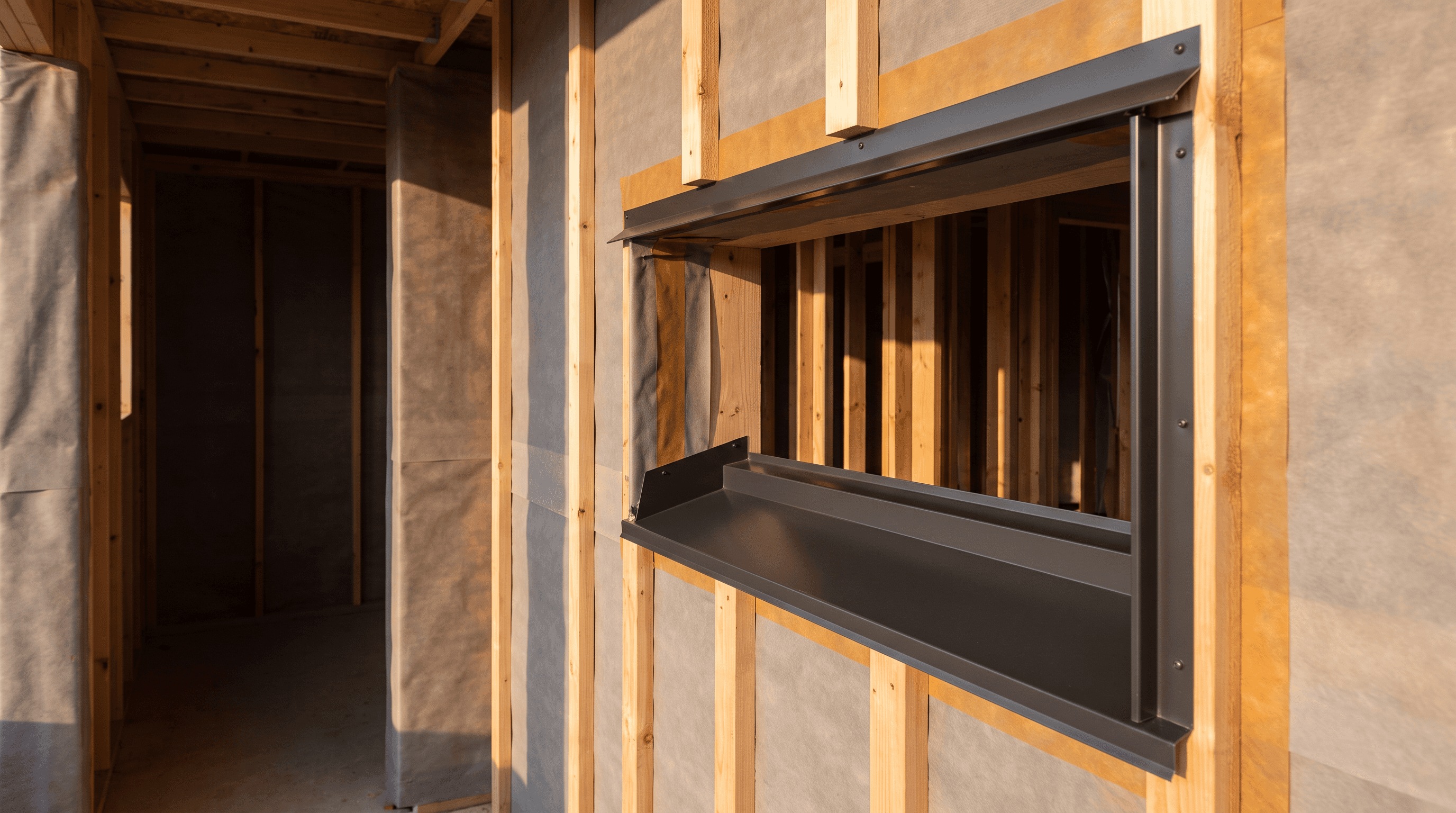 New window rough opening with a sloped sill pan and head flashing lapped into the weather barrier